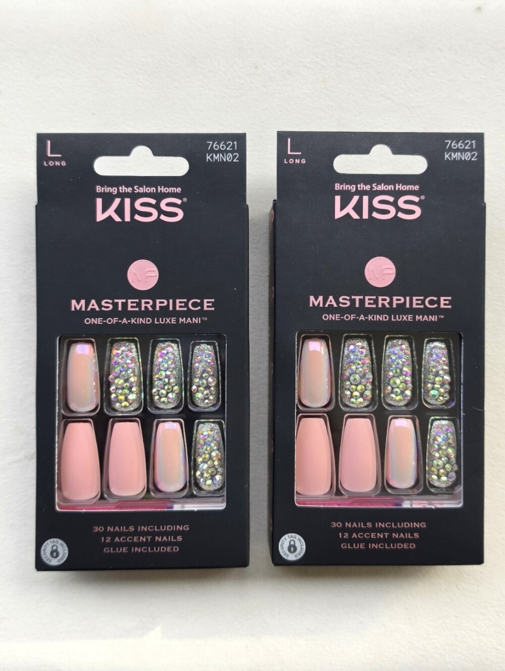 KISS Pink Coffin Press-On Nails with Iridescent Rhinestone Accents
